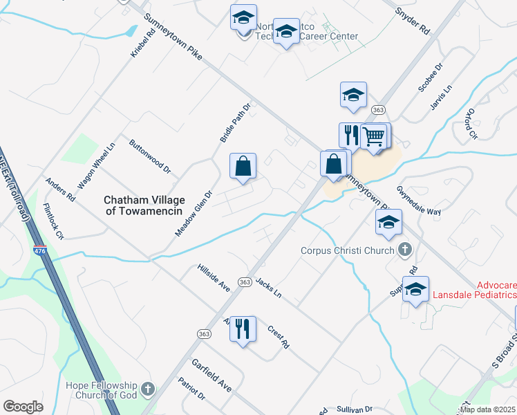 map of restaurants, bars, coffee shops, grocery stores, and more near 136 Ardwick Terrace in Lansdale