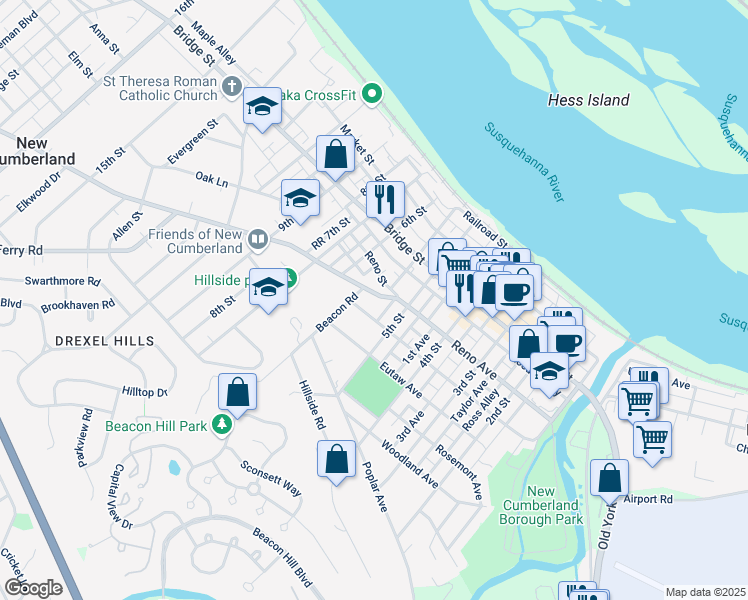 map of restaurants, bars, coffee shops, grocery stores, and more near 518 Geary Avenue in New Cumberland