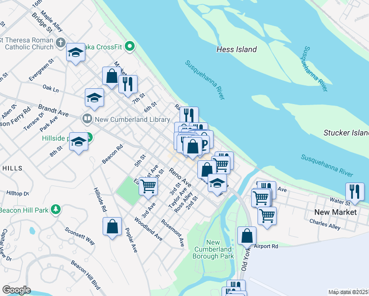 map of restaurants, bars, coffee shops, grocery stores, and more near 331 Bridge Street in New Cumberland