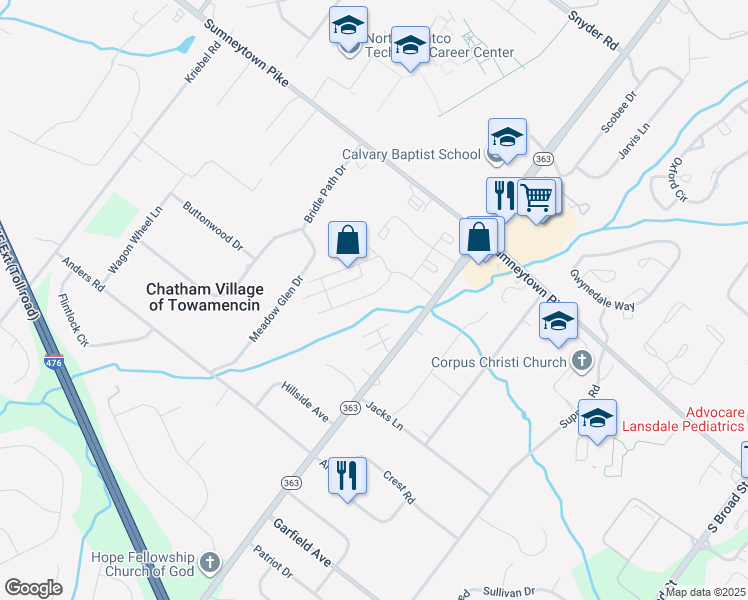 map of restaurants, bars, coffee shops, grocery stores, and more near 120 Ardwick Terrace in Lansdale