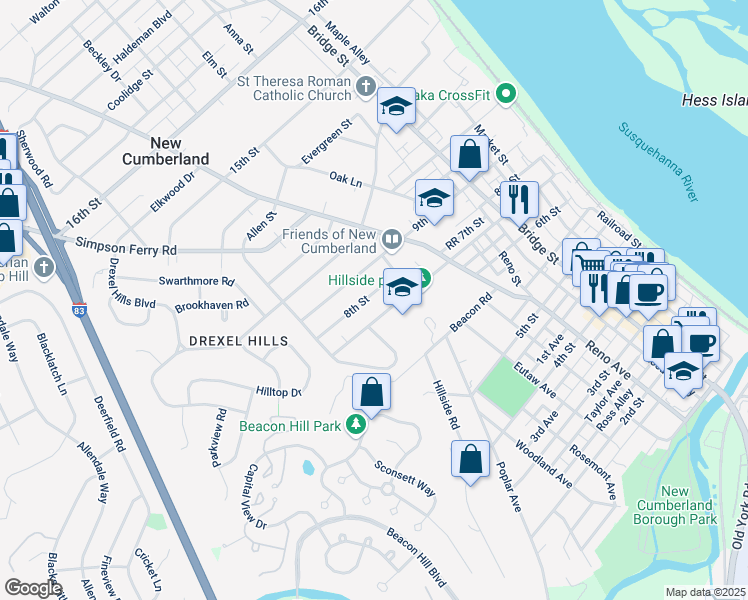 map of restaurants, bars, coffee shops, grocery stores, and more near 523 7th Street in New Cumberland