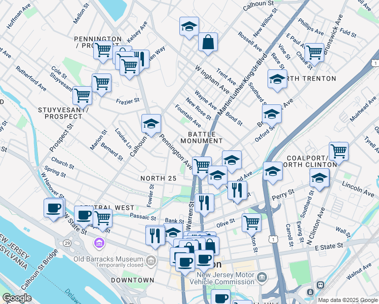 map of restaurants, bars, coffee shops, grocery stores, and more near 2 Barbara Street in Trenton