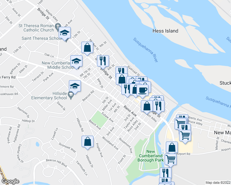 map of restaurants, bars, coffee shops, grocery stores, and more near 324 5th Street in New Cumberland