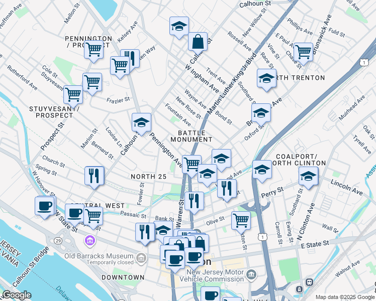 map of restaurants, bars, coffee shops, grocery stores, and more near 435 Martin Luther King Junior Boulevard in Trenton