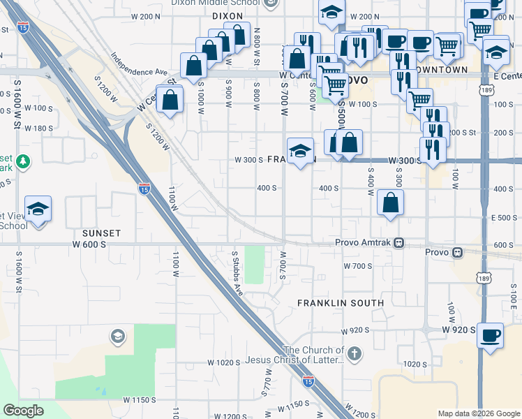 map of restaurants, bars, coffee shops, grocery stores, and more near 763 West 500 South in Provo
