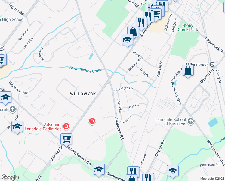 map of restaurants, bars, coffee shops, grocery stores, and more near Allentown Rd & Bradford Ln in Montgomery