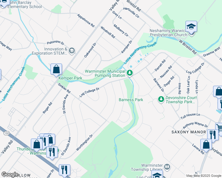 map of restaurants, bars, coffee shops, grocery stores, and more near 984 Worthington Drive in Warminster