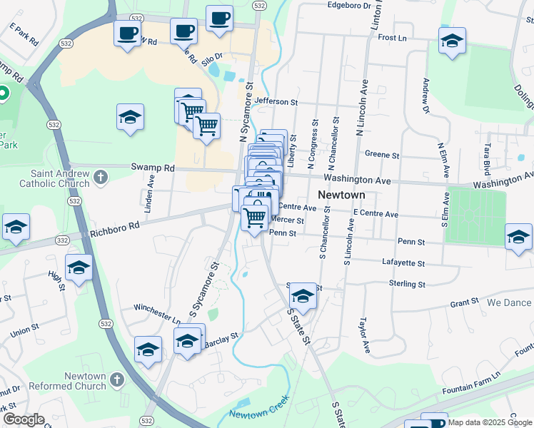 map of restaurants, bars, coffee shops, grocery stores, and more near 120 South State Street in Newtown