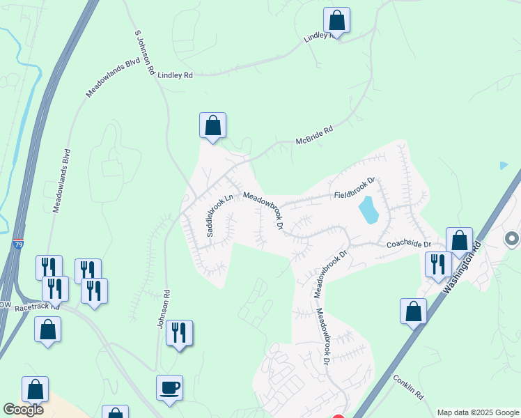 map of restaurants, bars, coffee shops, grocery stores, and more near 19 Pacers Ridge Drive in Canonsburg