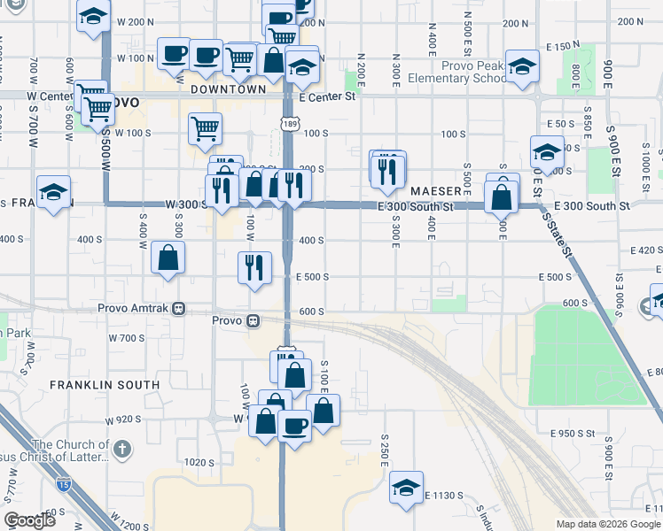 map of restaurants, bars, coffee shops, grocery stores, and more near 477 South 100 East in Provo