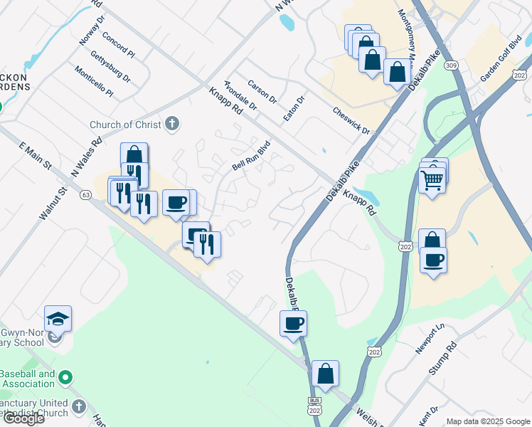 map of restaurants, bars, coffee shops, grocery stores, and more near 212 Hampton Green Drive in North Wales