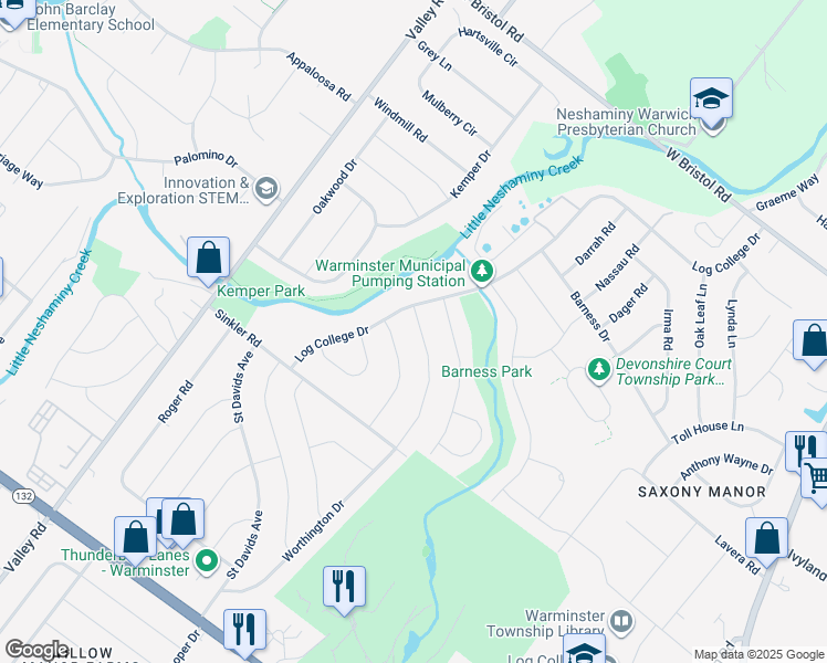 map of restaurants, bars, coffee shops, grocery stores, and more near 984 Worthington Drive in Warminster