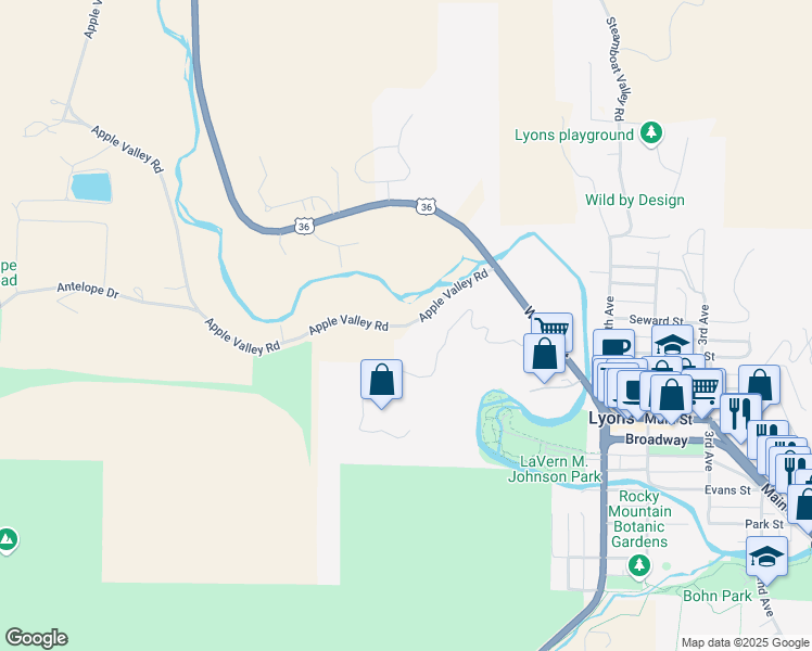 map of restaurants, bars, coffee shops, grocery stores, and more near Apple Valley Road in Lyons