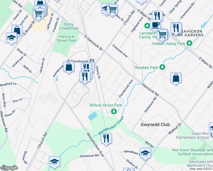 map of restaurants, bars, coffee shops, grocery stores, and more near 709 Webster Avenue in Lansdale