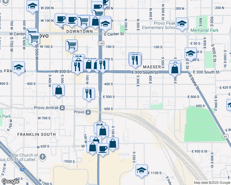 map of restaurants, bars, coffee shops, grocery stores, and more near 477 South 100 East in Provo