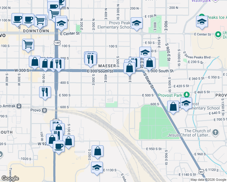map of restaurants, bars, coffee shops, grocery stores, and more near 483 South 450 East Alley in Provo
