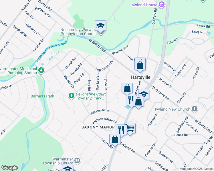 map of restaurants, bars, coffee shops, grocery stores, and more near 1213 Lynda Lane in Warminster