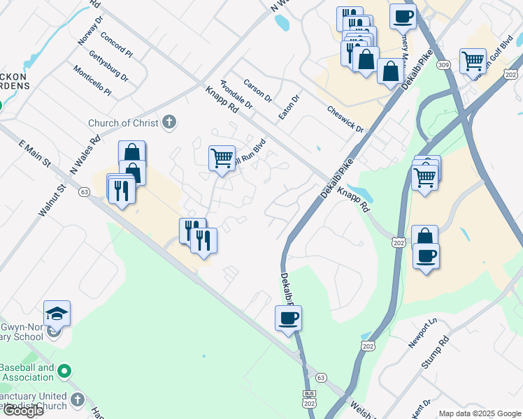 map of restaurants, bars, coffee shops, grocery stores, and more near 212 Hampton Green Drive in North Wales