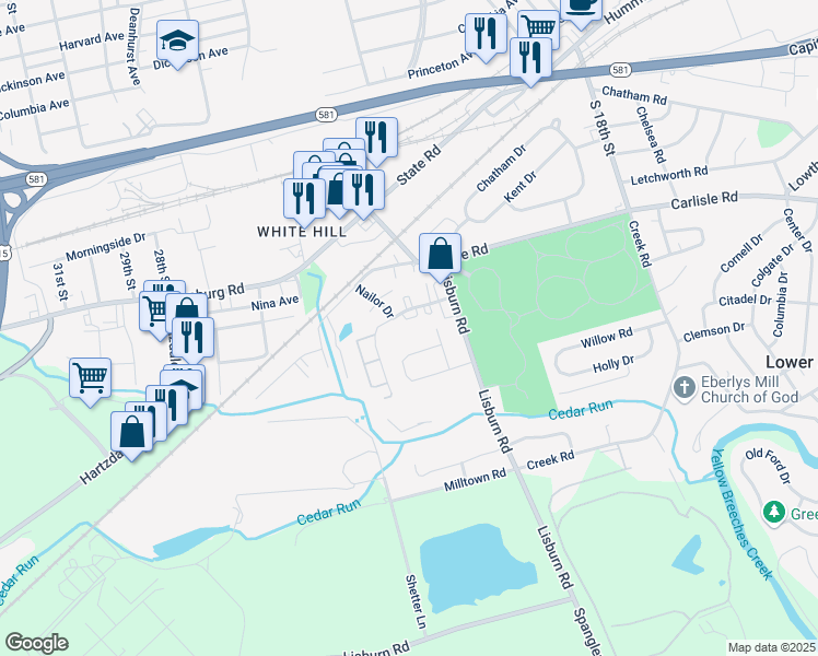 map of restaurants, bars, coffee shops, grocery stores, and more near 2120 Wentworth Drive in Camp Hill