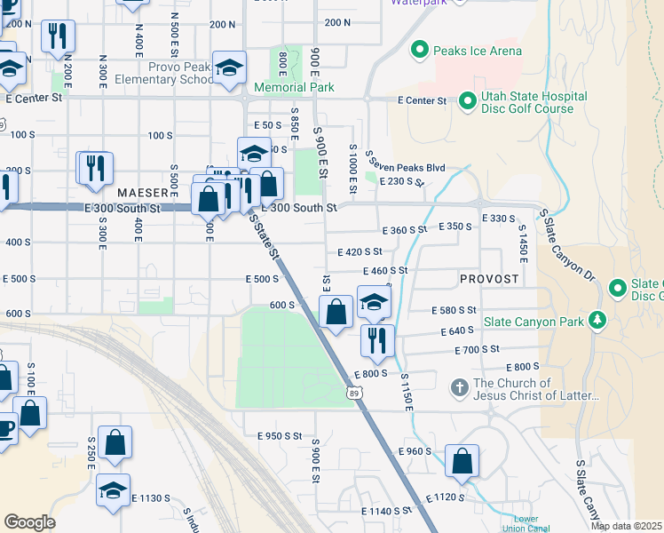 map of restaurants, bars, coffee shops, grocery stores, and more near 944 East 460 South Street in Provo