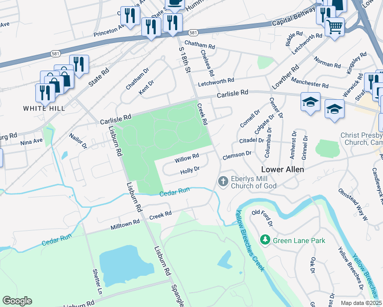 map of restaurants, bars, coffee shops, grocery stores, and more near 1813 Willow Road in Camp Hill