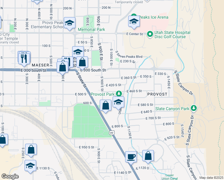map of restaurants, bars, coffee shops, grocery stores, and more near 997 East 460 South Street in Provo