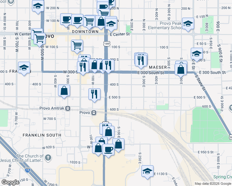 map of restaurants, bars, coffee shops, grocery stores, and more near 464 South 100 East in Provo