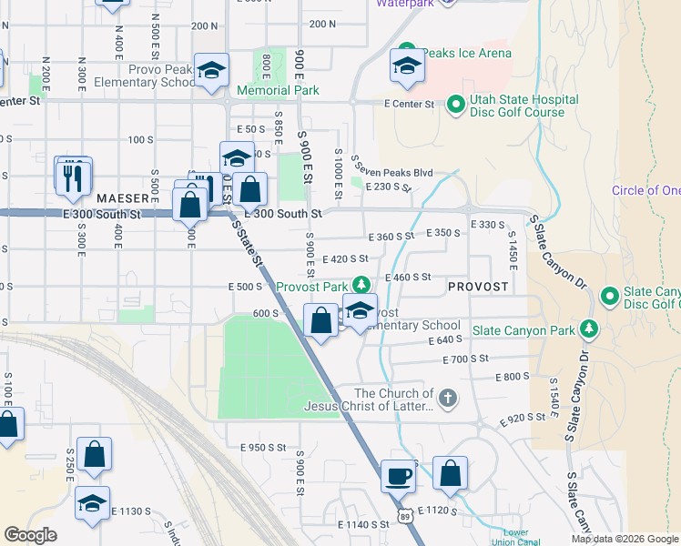 map of restaurants, bars, coffee shops, grocery stores, and more near 944 East 460 South Street in Provo