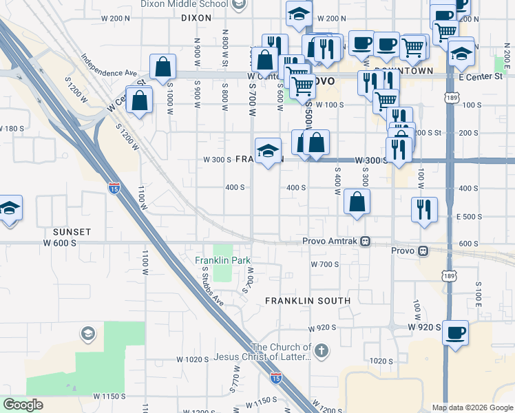 map of restaurants, bars, coffee shops, grocery stores, and more near 671 West 500 South in Provo