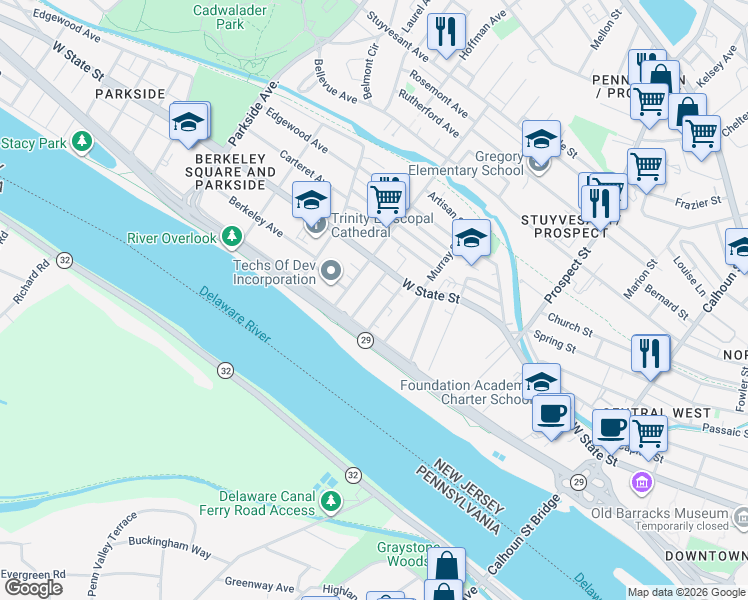 map of restaurants, bars, coffee shops, grocery stores, and more near 46 Colonial Avenue in Trenton