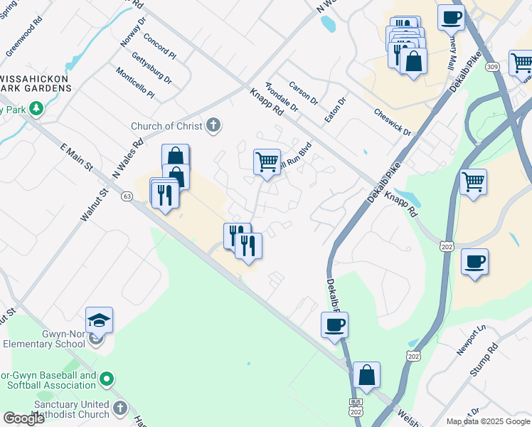 map of restaurants, bars, coffee shops, grocery stores, and more near 2402 Grist Mill Court in North Wales