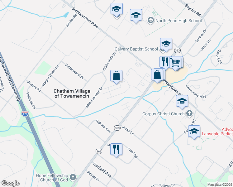 map of restaurants, bars, coffee shops, grocery stores, and more near 136 Ardwick Terrace in Lansdale