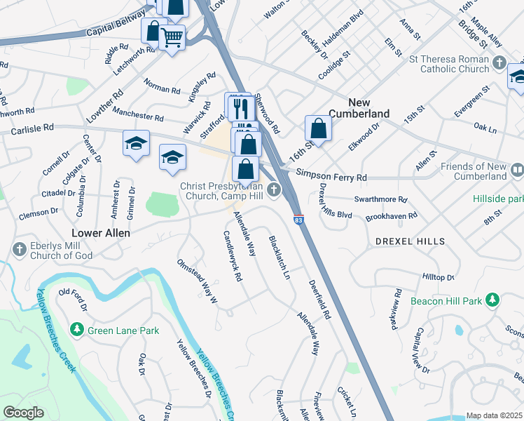 map of restaurants, bars, coffee shops, grocery stores, and more near 422 Deerfield Road in Camp Hill
