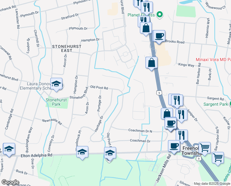 map of restaurants, bars, coffee shops, grocery stores, and more near 130 Heritage Drive in Freehold Township
