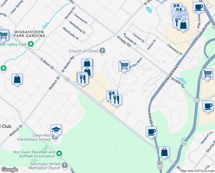 map of restaurants, bars, coffee shops, grocery stores, and more near 1804 Naomi's Court in North Wales