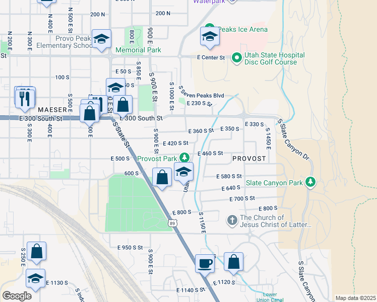 map of restaurants, bars, coffee shops, grocery stores, and more near 1083 East 460 South Street in Provo