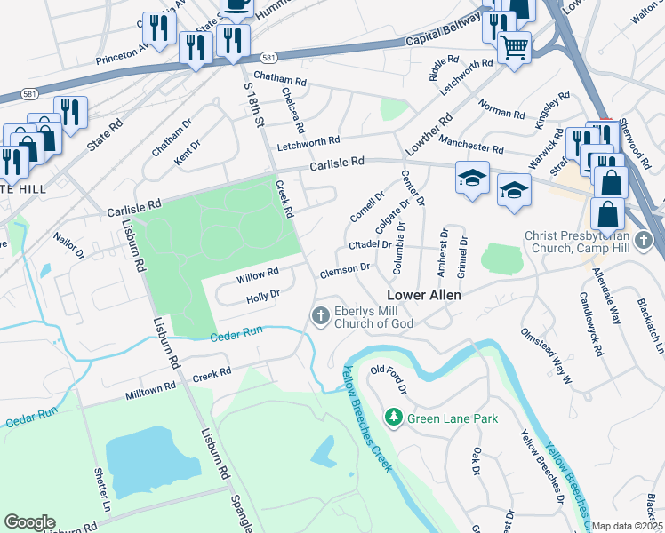 map of restaurants, bars, coffee shops, grocery stores, and more near 6 Clemson Drive in Camp Hill