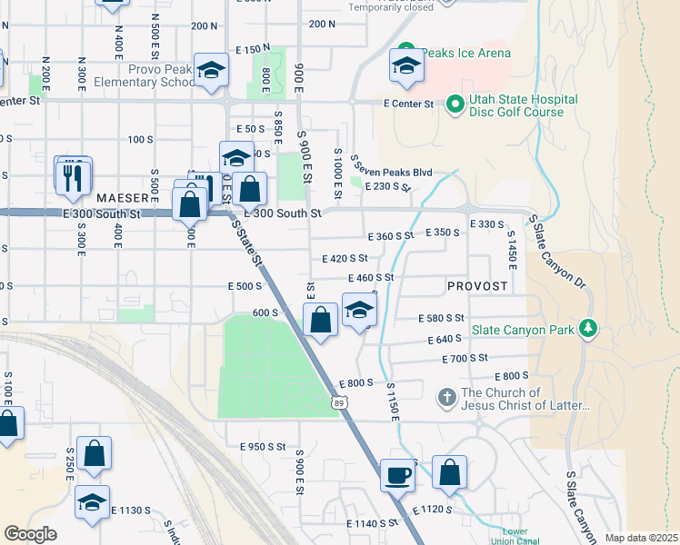 map of restaurants, bars, coffee shops, grocery stores, and more near 997 East 460 South Street in Provo