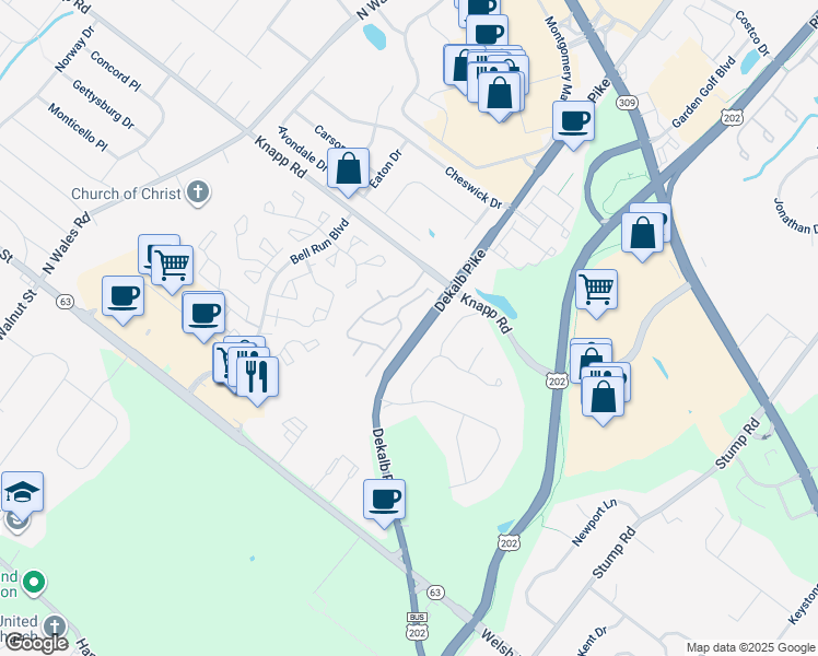 map of restaurants, bars, coffee shops, grocery stores, and more near 101 Castle Drive in North Wales