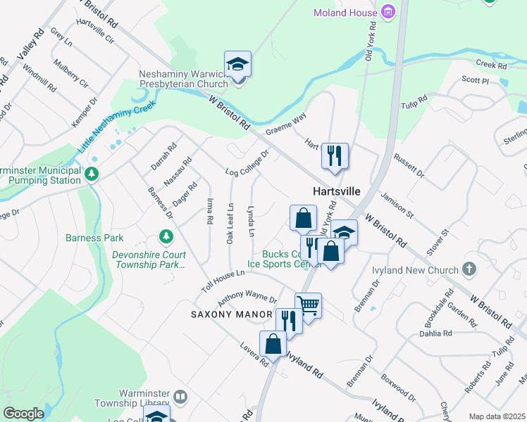 map of restaurants, bars, coffee shops, grocery stores, and more near 1222 Slight Road in Warminster