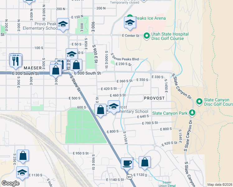 map of restaurants, bars, coffee shops, grocery stores, and more near 1058 East 460 South Street in Provo