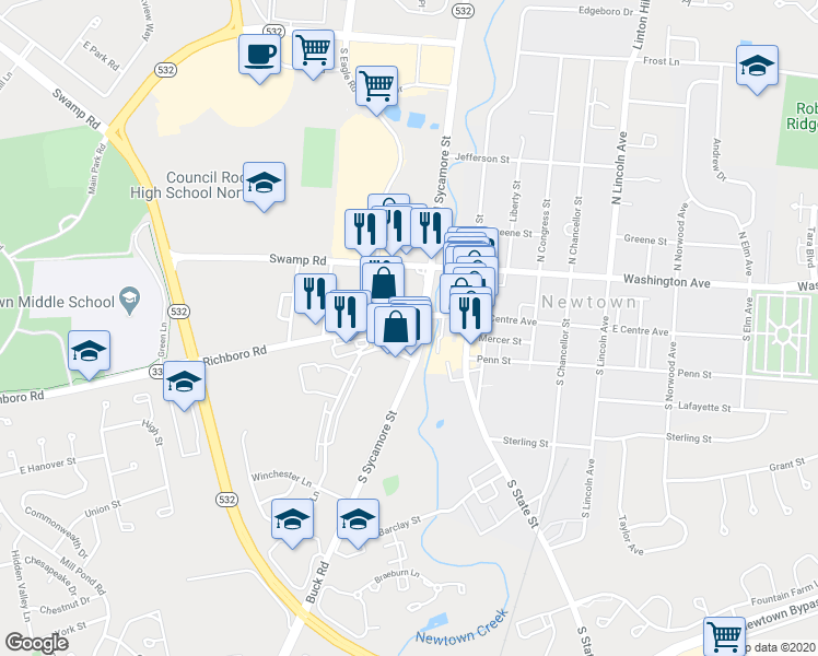 map of restaurants, bars, coffee shops, grocery stores, and more near 100 South Sycamore Street in Newtown
