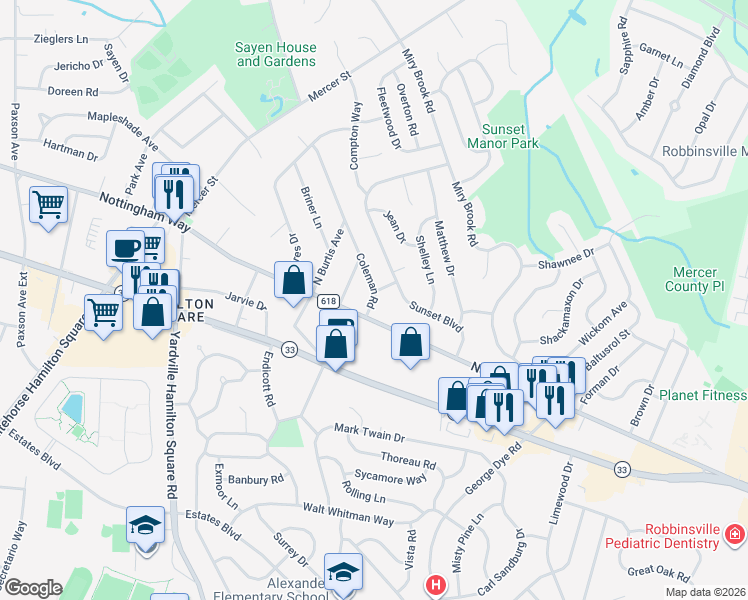 map of restaurants, bars, coffee shops, grocery stores, and more near 19 Coleman Road in Trenton
