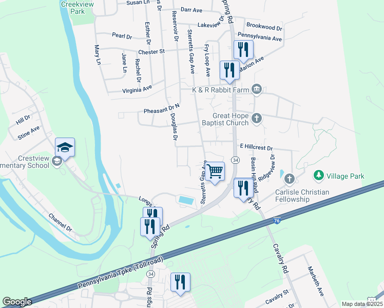 map of restaurants, bars, coffee shops, grocery stores, and more near 1404 Bradley Drive in Carlisle