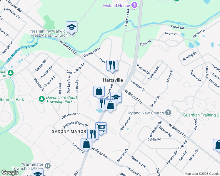 map of restaurants, bars, coffee shops, grocery stores, and more near 1290 Old York Road in Warminster