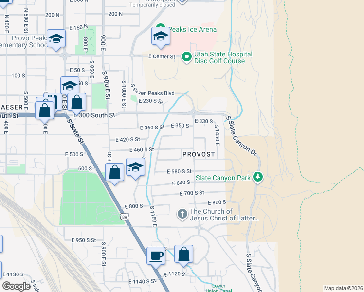 map of restaurants, bars, coffee shops, grocery stores, and more near 1301 East 460 South Street in Provo