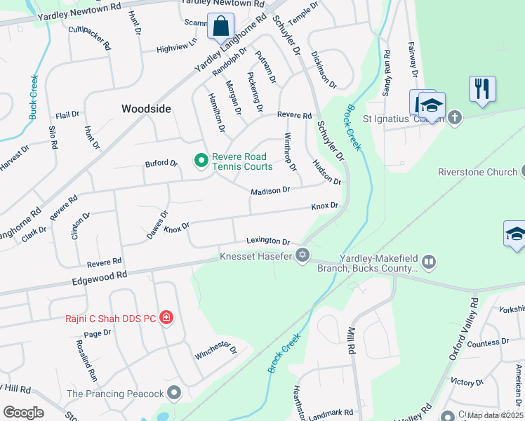 map of restaurants, bars, coffee shops, grocery stores, and more near 1284 Knox Drive in Yardley