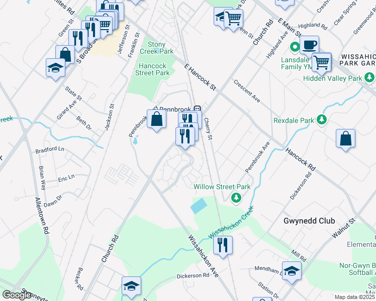 map of restaurants, bars, coffee shops, grocery stores, and more near 290 Pennbrook Parkway in Lansdale