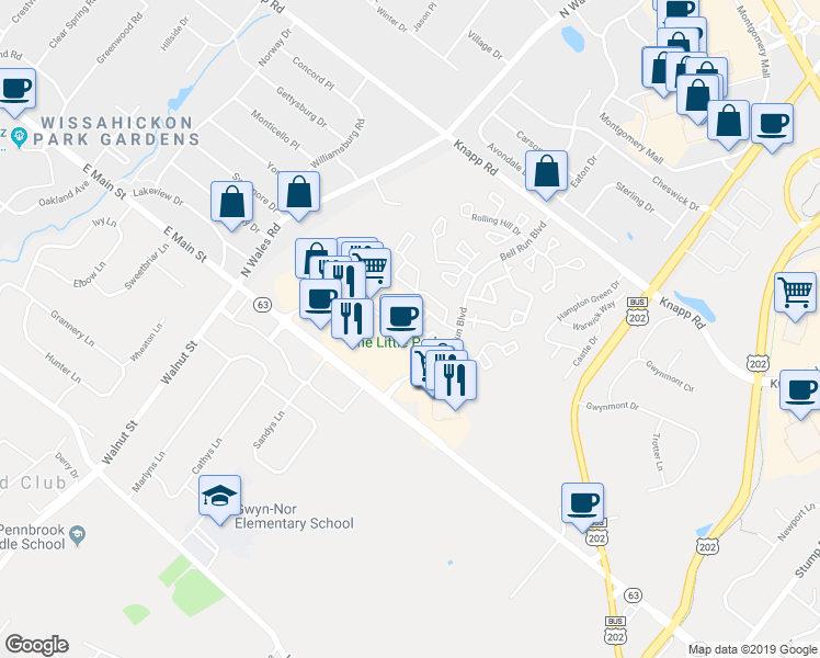 map of restaurants, bars, coffee shops, grocery stores, and more near 1902 Naomi's Court in North Wales