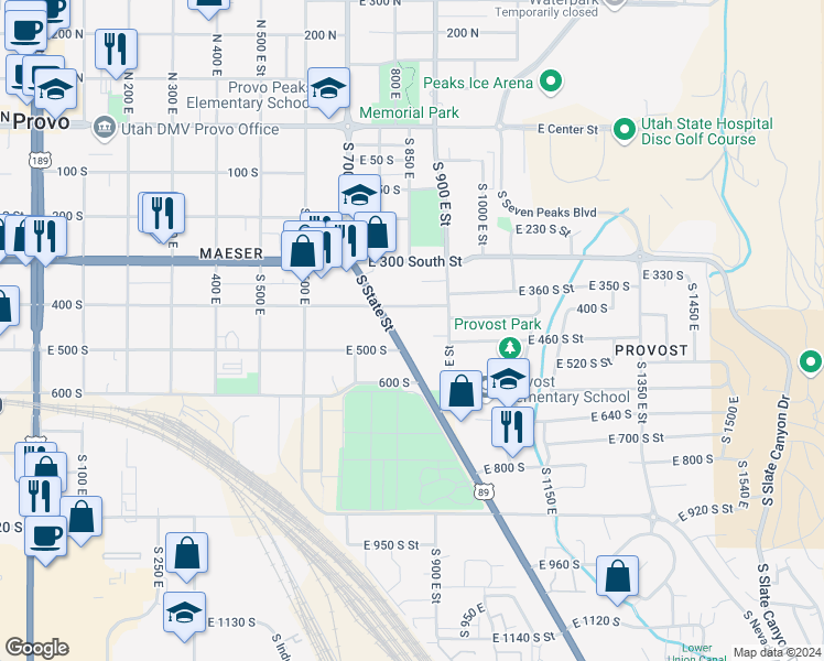 map of restaurants, bars, coffee shops, grocery stores, and more near 484 South 900 East Street in Provo
